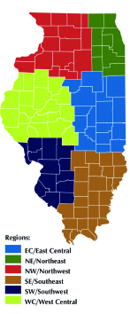 Illnois state map with regions highlighted